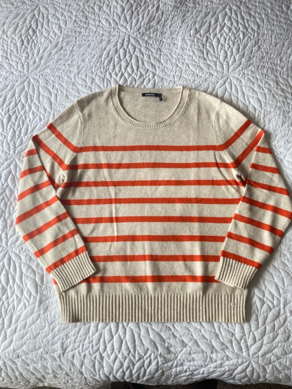 OLSEN “Henny” Striped Crewneck Sweater in Cream and Orange - Picture 2 of 6